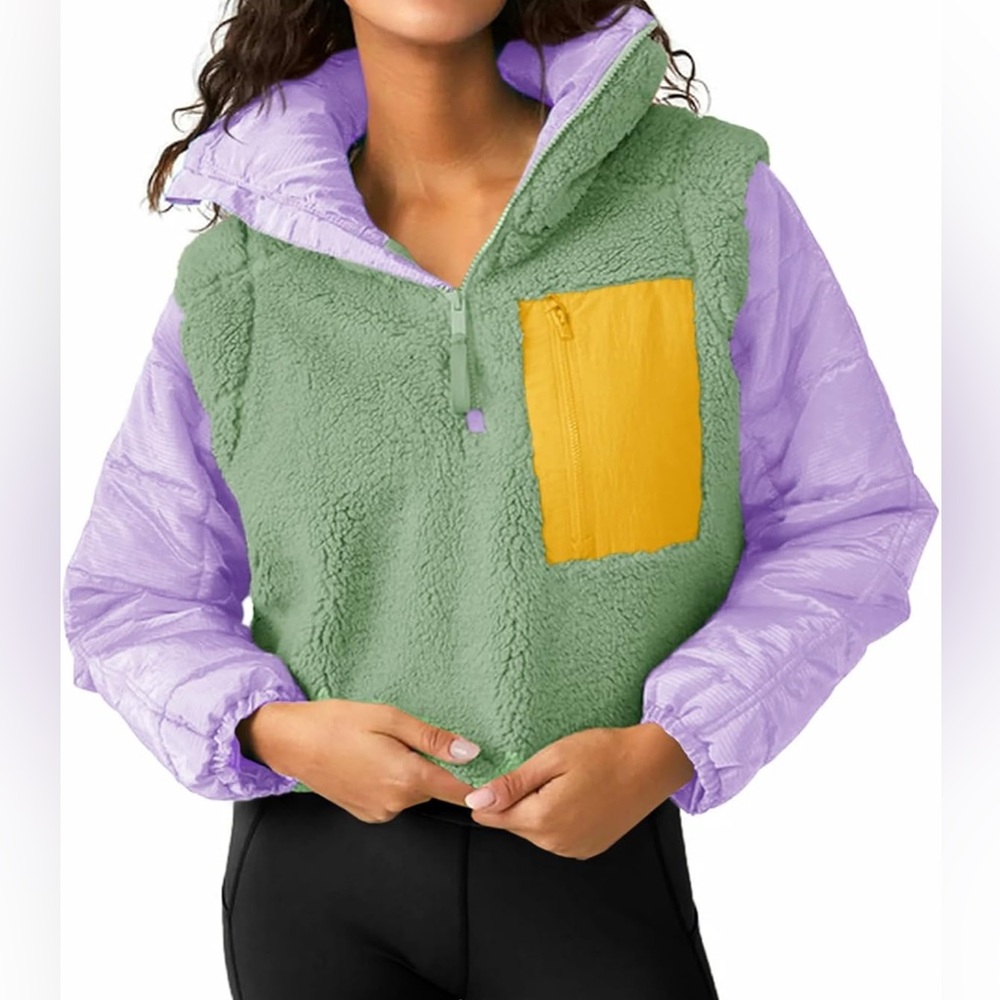 Colorblock Fleece/Puffer Jacket with Yellow Pocket NWOT